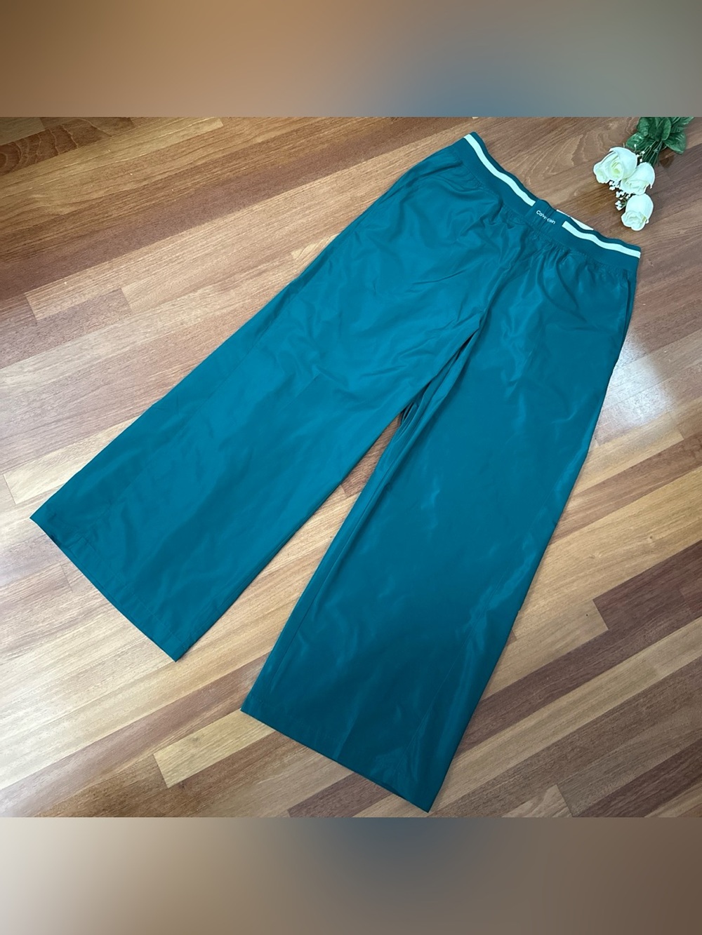 Calvin Klein Teal Wide-Leg Pull-On Pants with Contrast Waistband